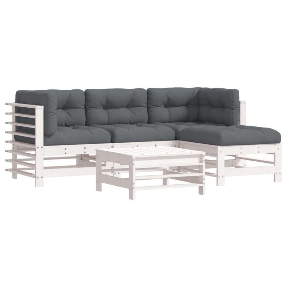 Set mobilier de grădină cu perne, 5 piese, alb, lemn masiv - 1 | YEO