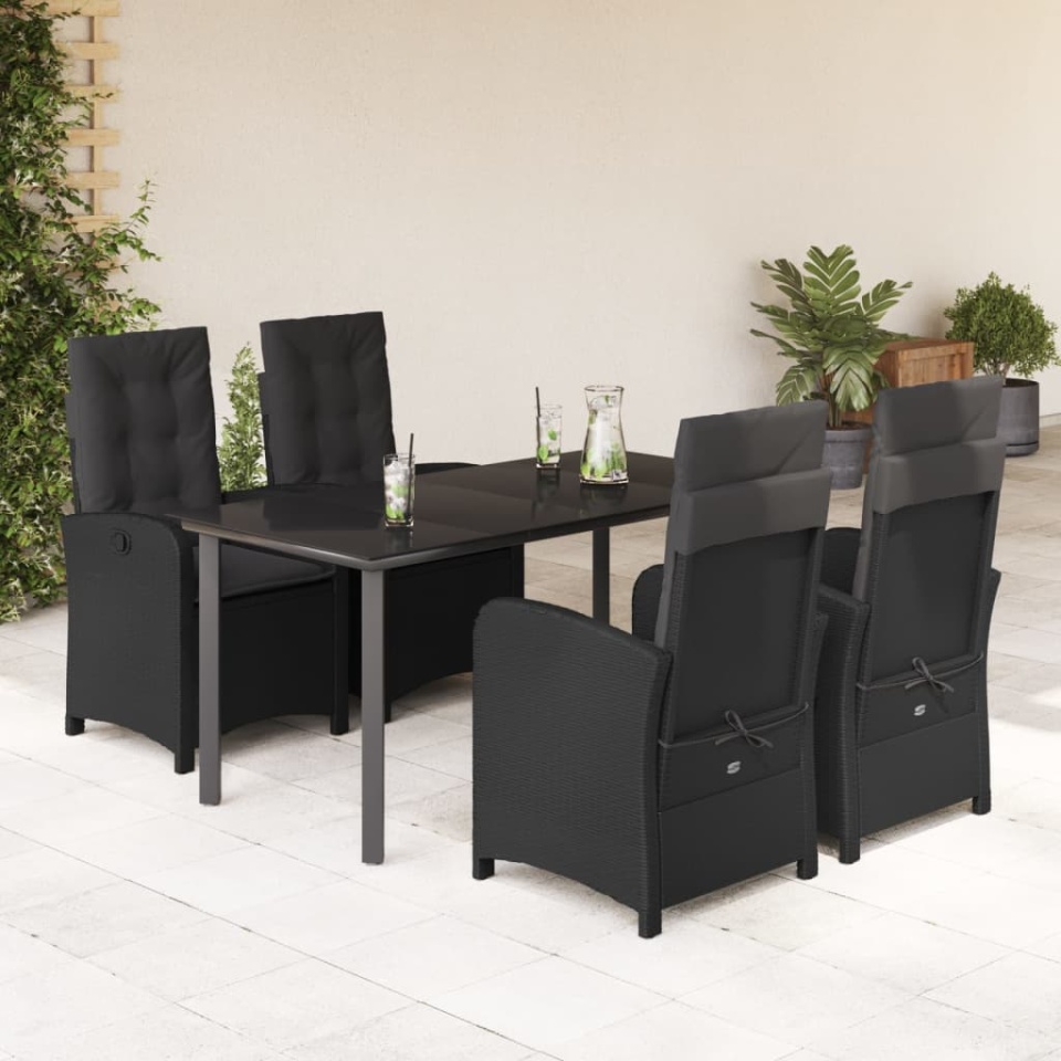 Set mobilier de grădină cu perne, 5 piese, negru, poliratan