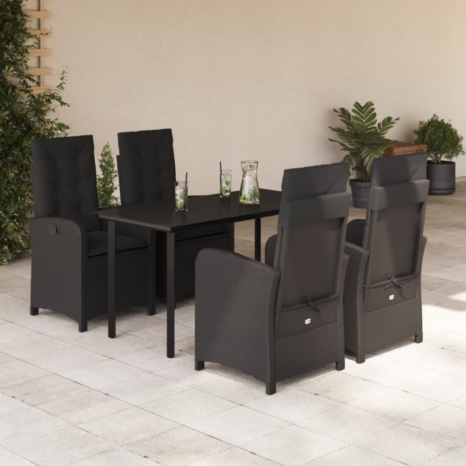 Set mobilier de grădină cu perne, 5 piese, negru, poliratan
