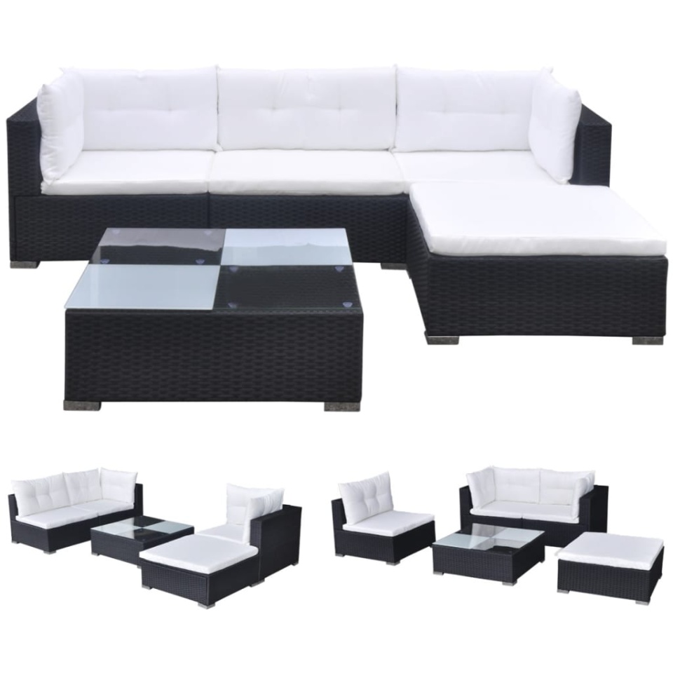 Set mobilier de grădină cu perne, 5 piese, negru, poliratan - 1 | YEO