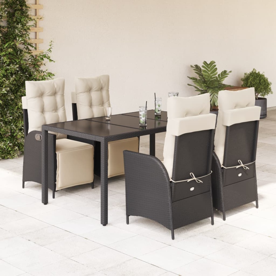 Set mobilier de grădină cu perne, 5 piese, negru, poliratan