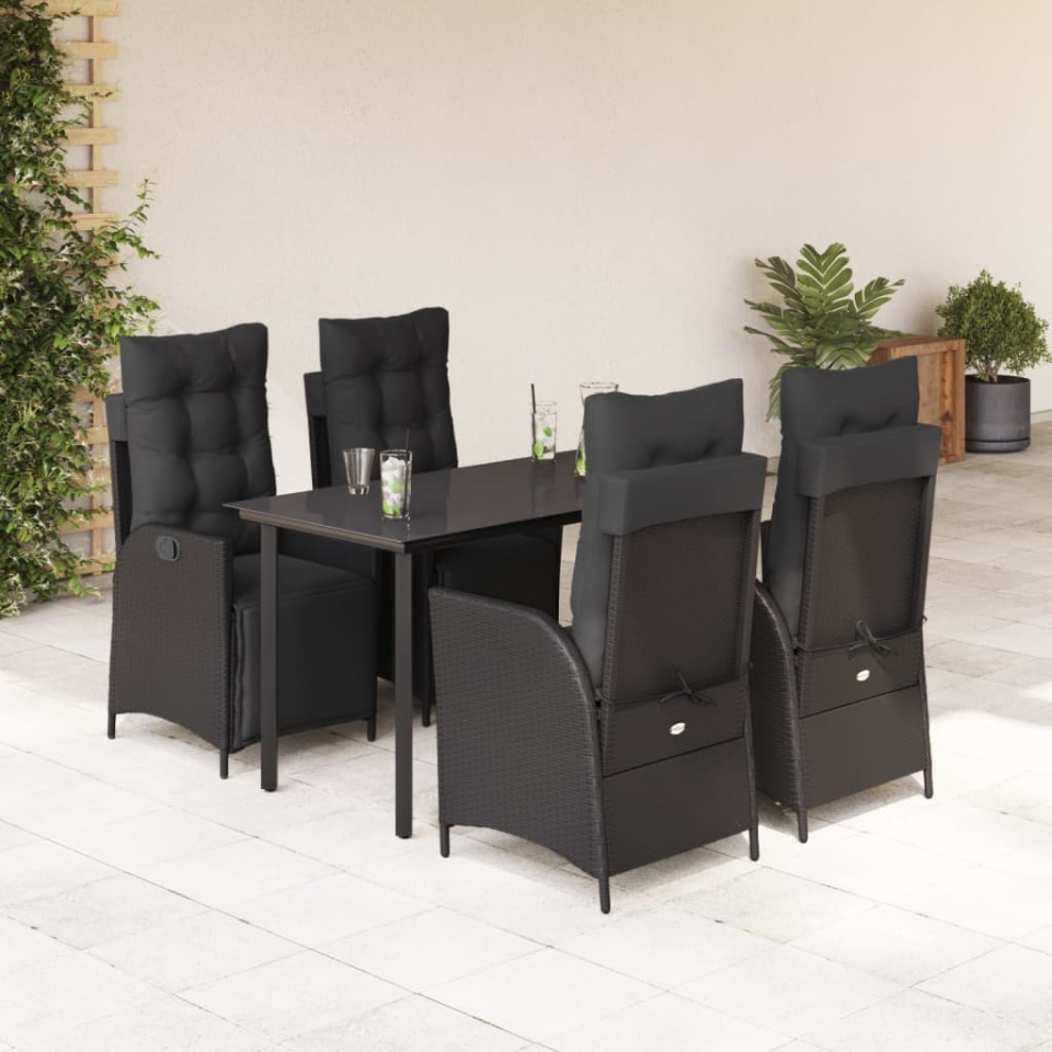 Set mobilier de grădină cu perne, 5 piese, negru, poliratan