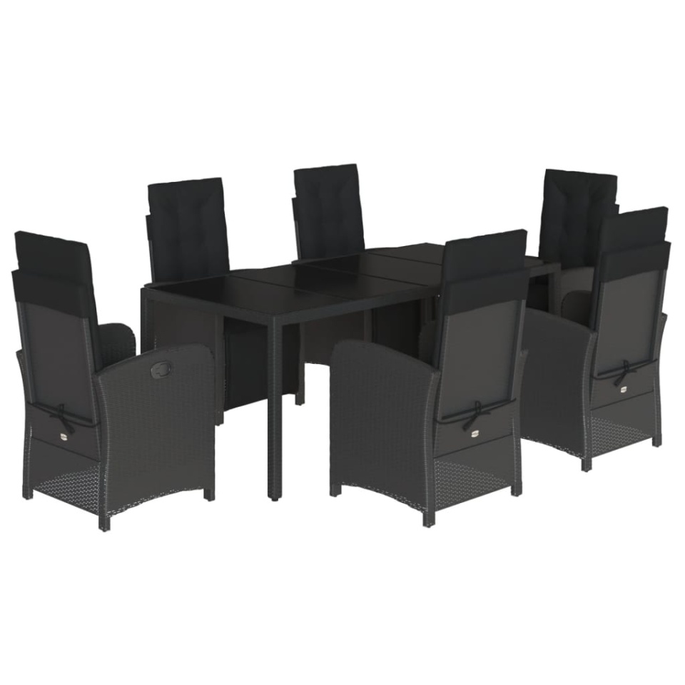 Set mobilier de grădină cu perne, 7 piese, negru, poliratan - 1 | YEO