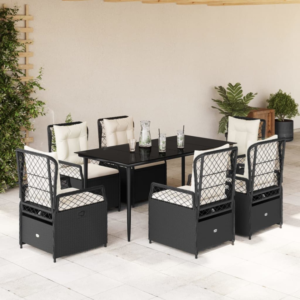 Set mobilier de grădină cu perne, 7 piese, negru, poliratan