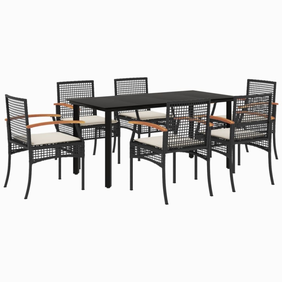 Set mobilier de grădină cu perne, 7 piese, negru, poliratan - 1 | YEO