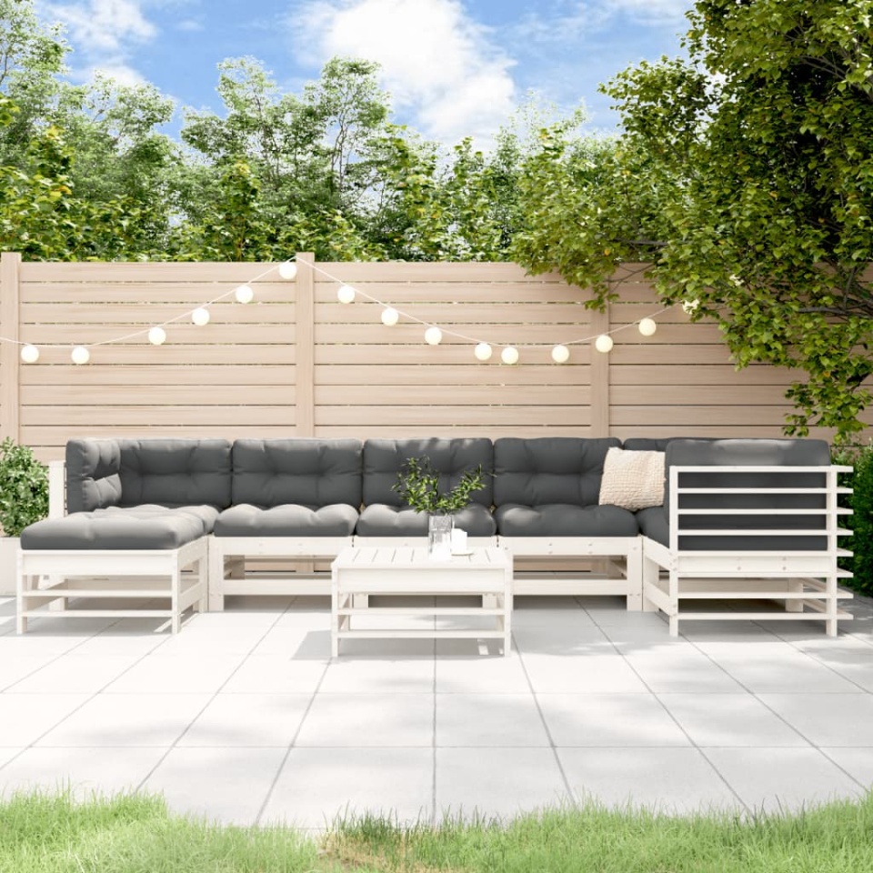 Set mobilier de grădină cu perne, 8 piese, alb, lemn masiv