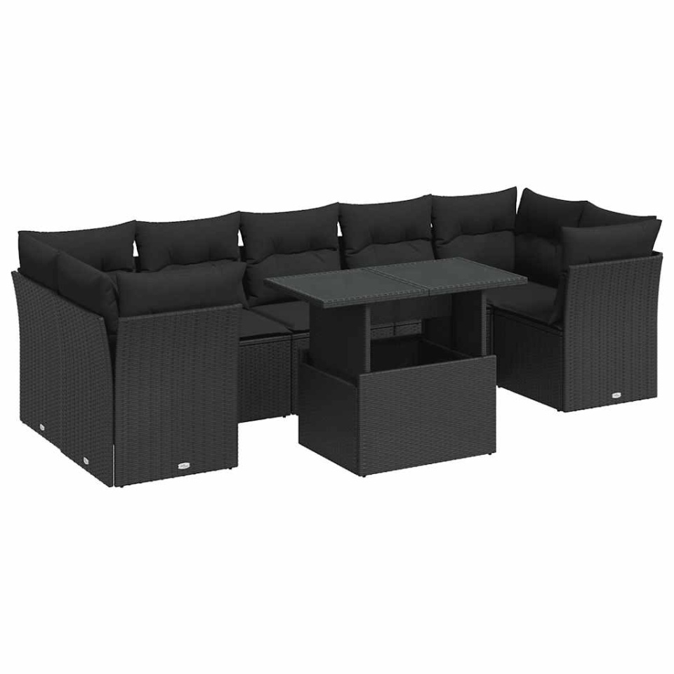 Set mobilier de grădină cu perne, 8 piese, negru, poliratan - 1 | YEO