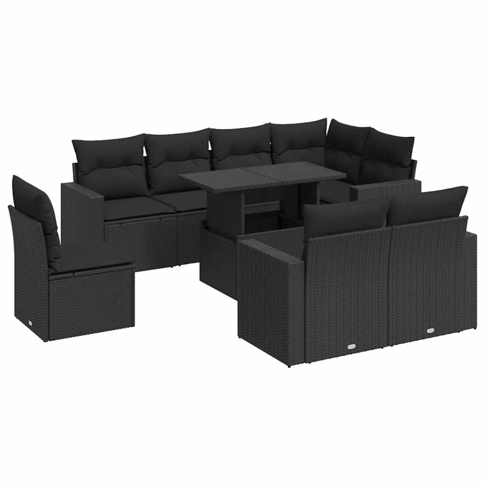 Set mobilier de grădină cu perne, 9 piese, negru, poliratan - 1 | YEO