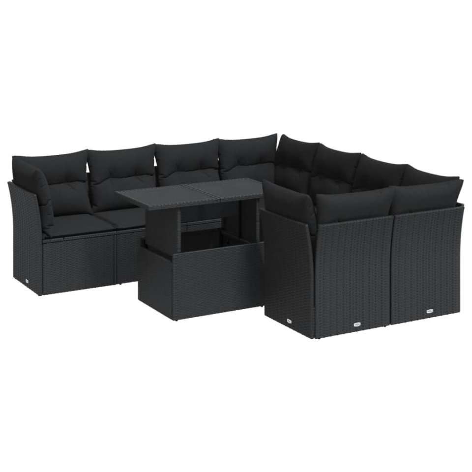 Set mobilier de grădină cu perne, 9 piese, negru, poliratan - 1 | YEO