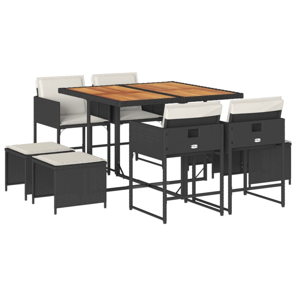 Set mobilier de grădină cu perne, 9 piese, negru, poliratan - 1 | YEO