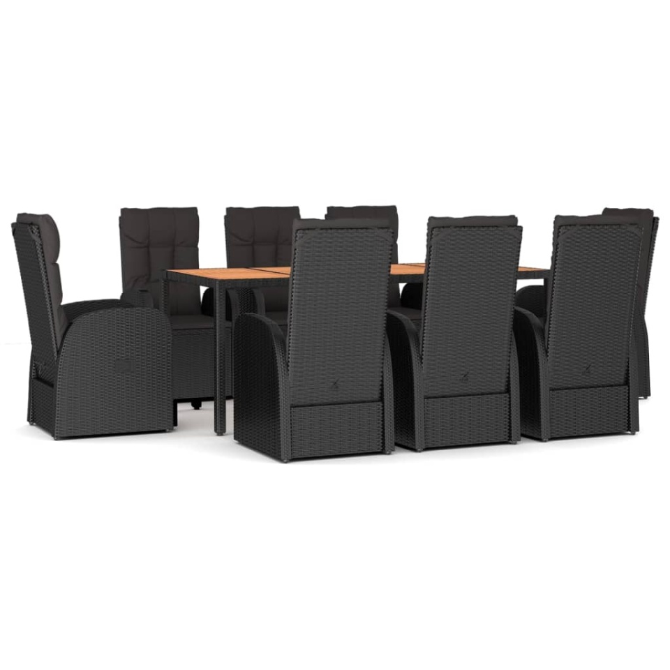 Set mobilier de grădină cu perne, 9 piese, negru, poliratan - 1 | YEO