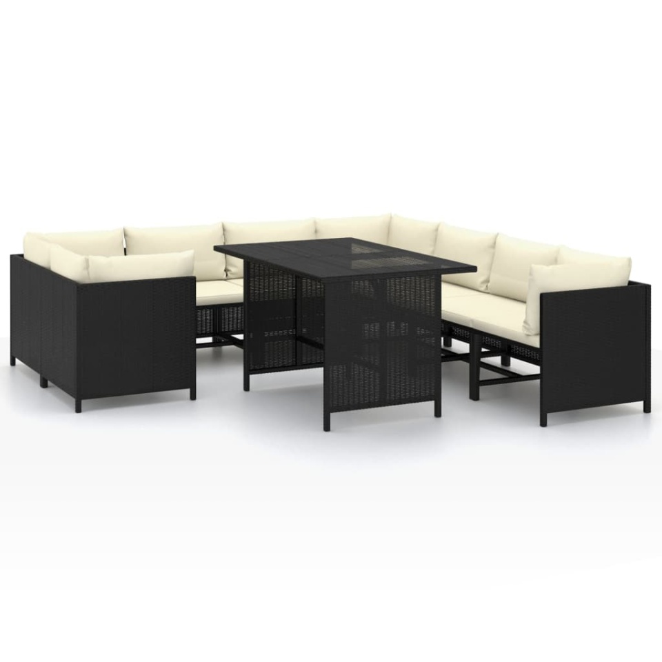 Set mobilier de grădină cu perne, 9 piese, negru, poliratan - 1 | YEO