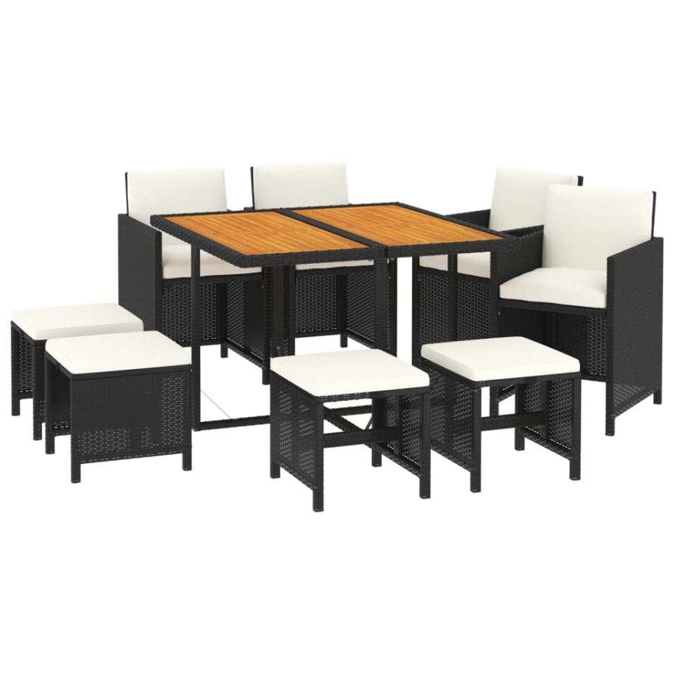 Set mobilier de grădină cu perne, 9 piese, negru, poliratan - 2 | YEO