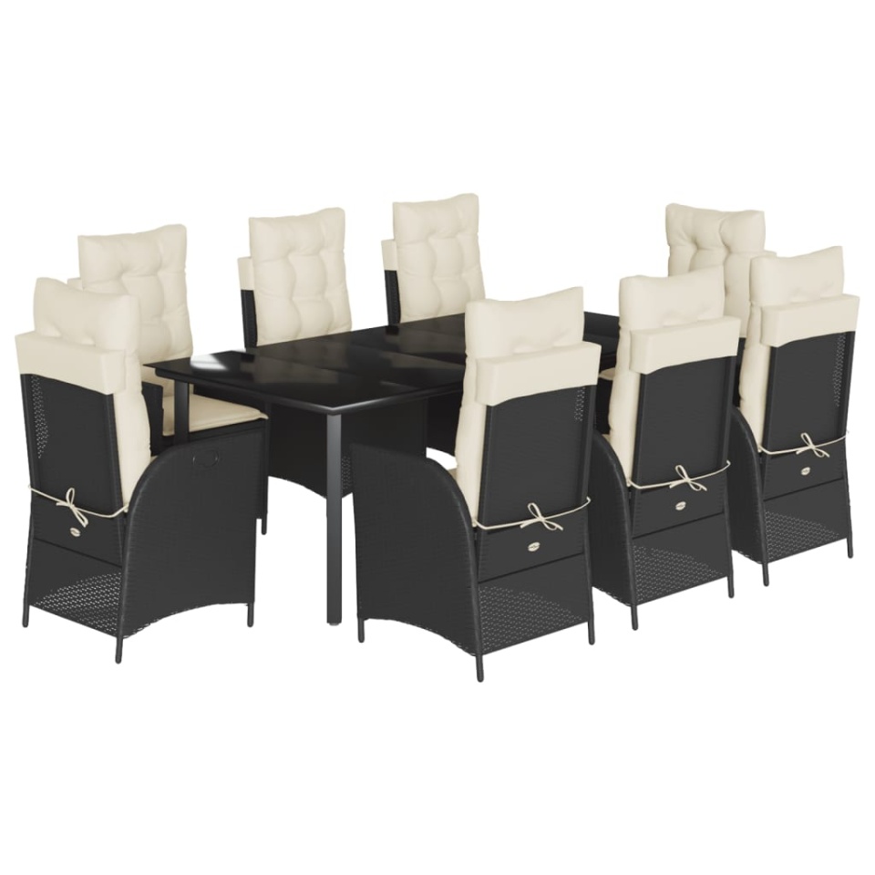 Set mobilier de grădină cu perne, 9 piese, negru, poliratan - 1 | YEO