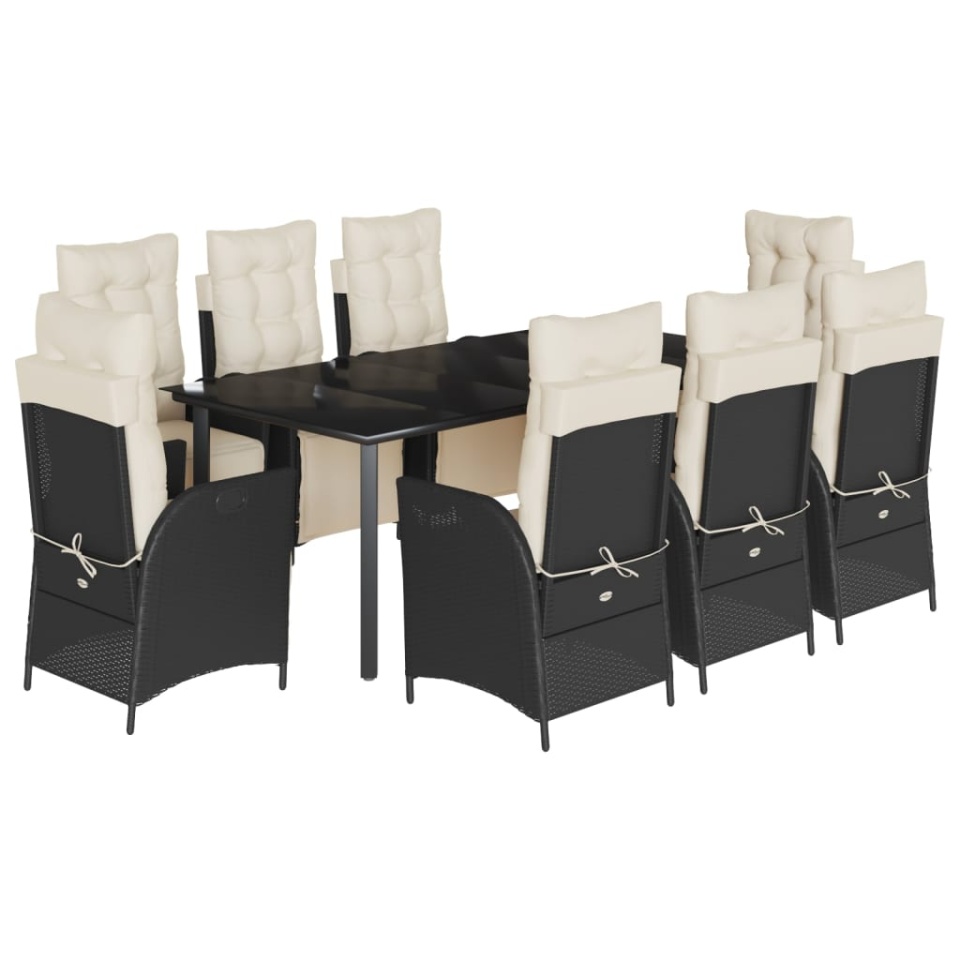 Set mobilier de grădină cu perne, 9 piese, negru, poliratan - 1 | YEO