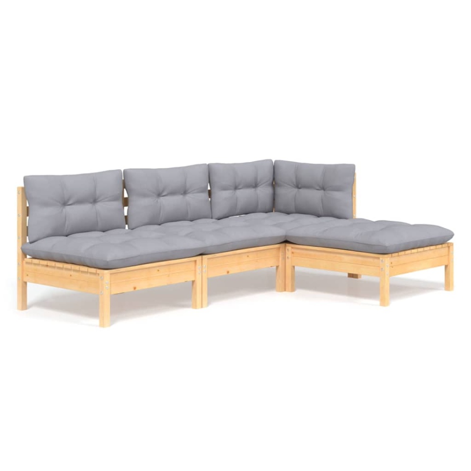 Set mobilier grădină cu perne, 4 piese, gri, lemn de pin - 1 | YEO