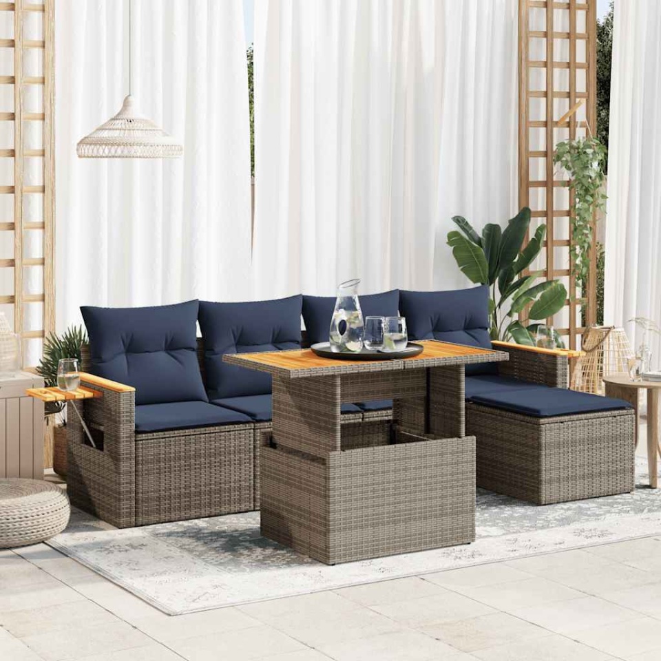 Set mobilier grădină cu perne 6 piese gri poliratan/lemn acacia