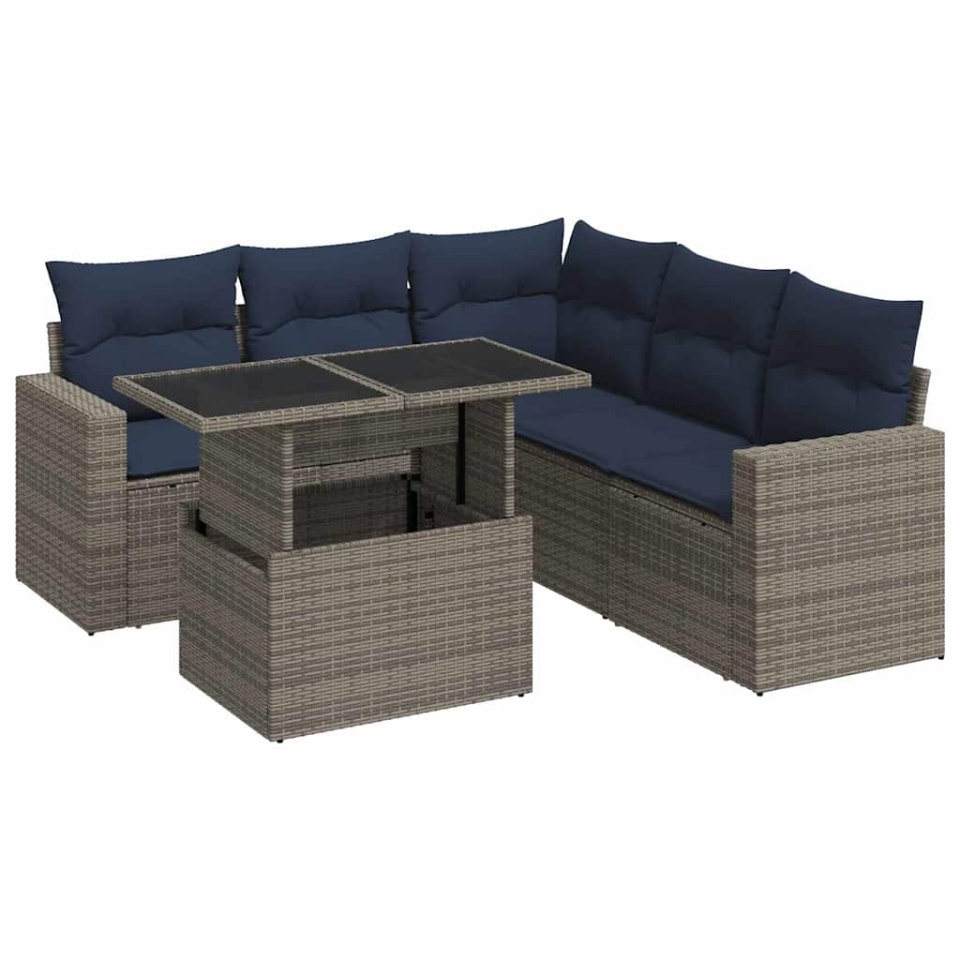 Set mobilier grădină cu perne 6 piese gri poliratan/lemn acacia - 1 | YEO