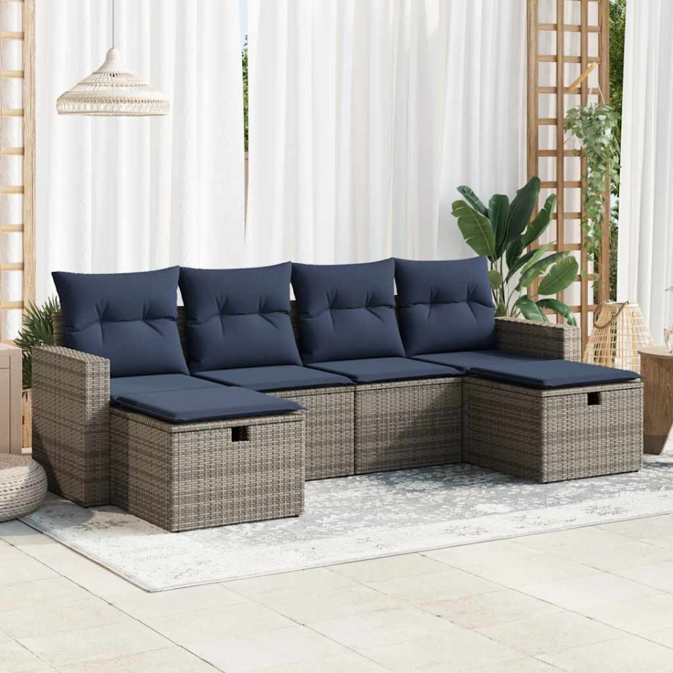 Set mobilier grădină cu perne, 6 piese, gri, poliratan
