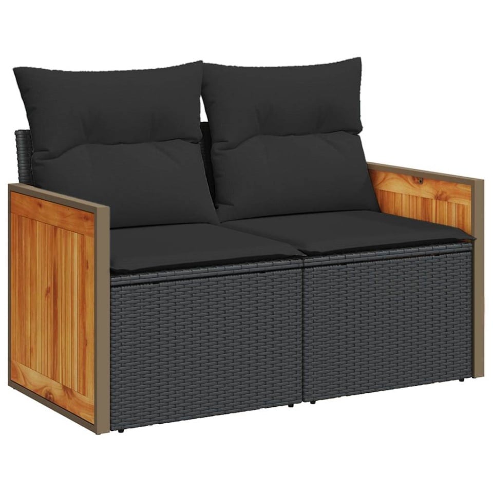 Set mobilier grădină perne 9 piese negru poliratan/lemn acacia