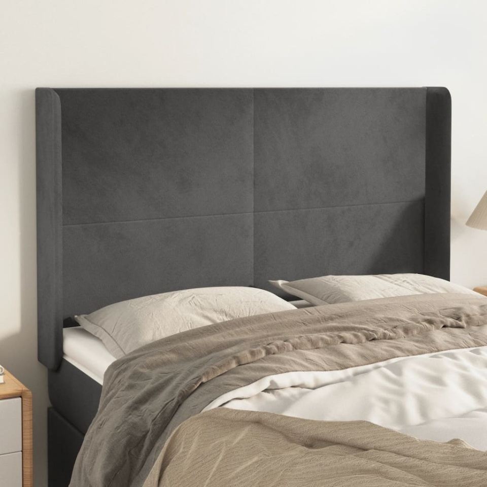 Tăblie de pat cu aripioare gri închis 147x16x118/128 cm catifea
