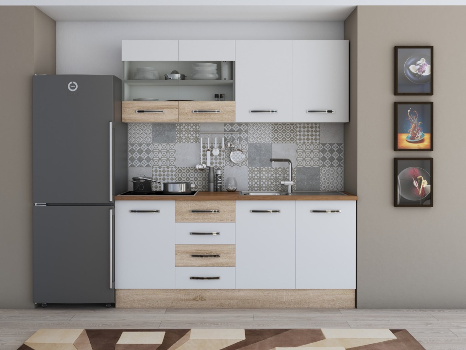 Bucatarie alfa cu vitrina 180 cm, alb / sonoma, blat termic nuc - 1 | YEO