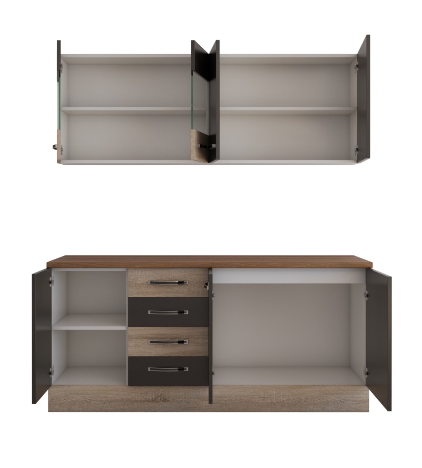 Bucatarie alfa cu vitrina 180 cm, wenge / sonoma, blat termic nuc - 2 | YEO