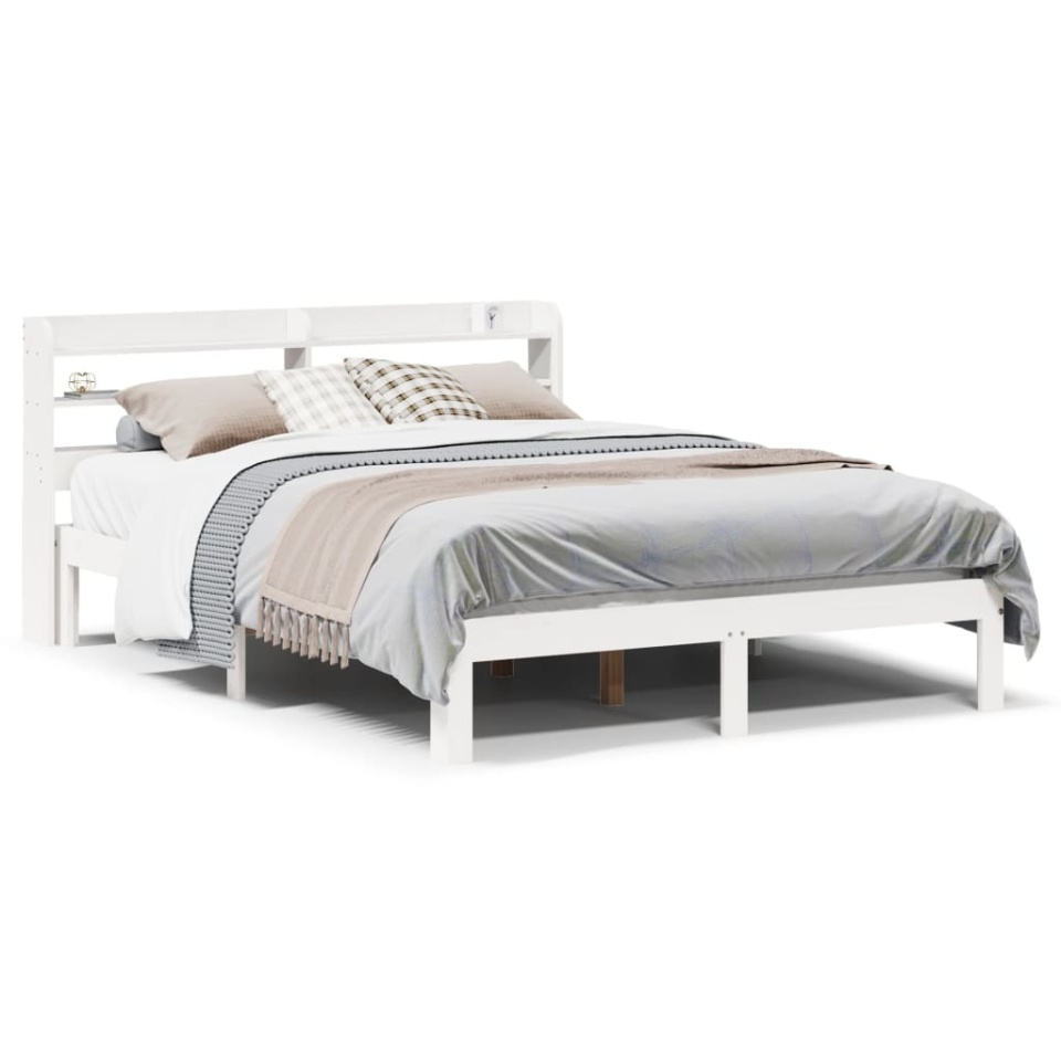 Cadru de pat cu tăblie, alb, 135x190 cm, lemn masiv de pin - 1 | YEO