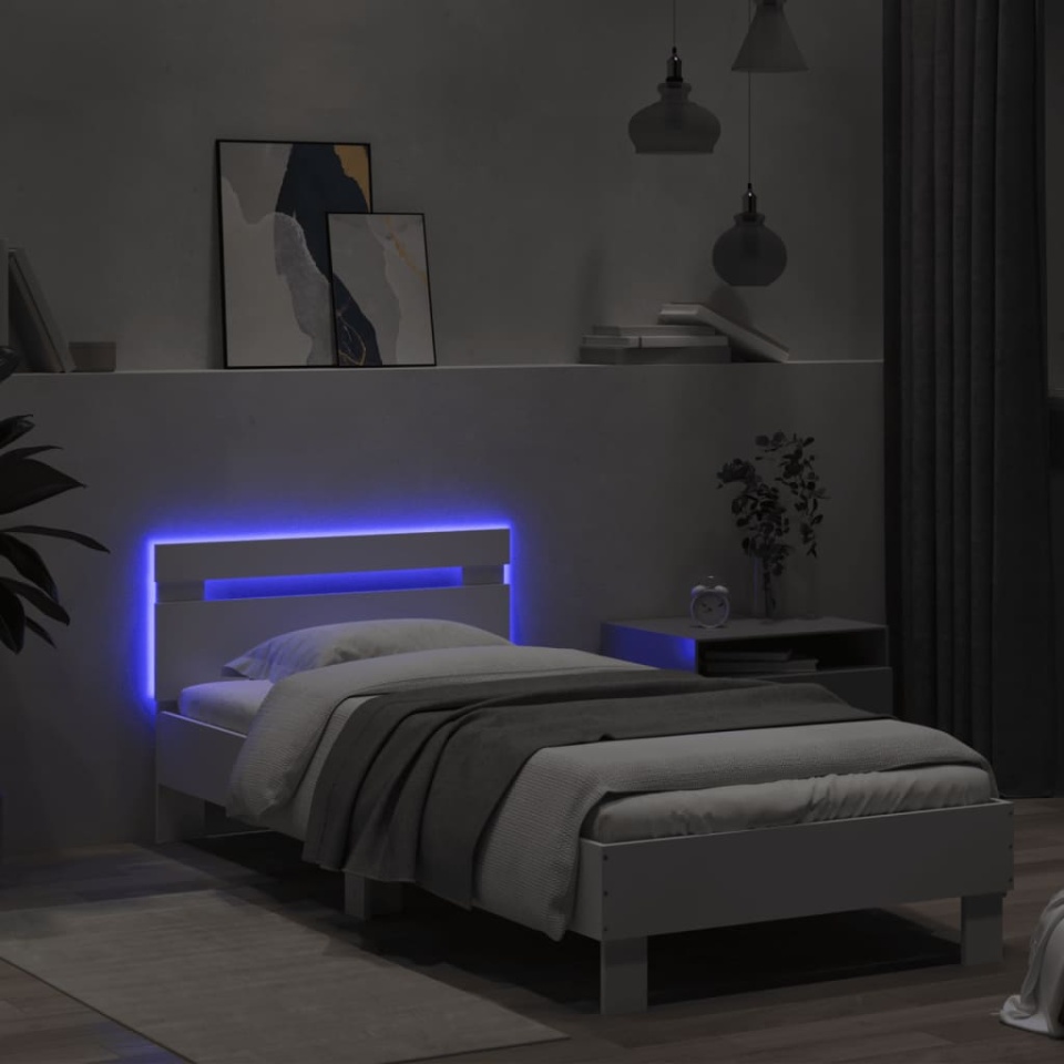 Cadru de pat cu tăblie și lumini LED, alb, 90x190 cm - 3 | YEO