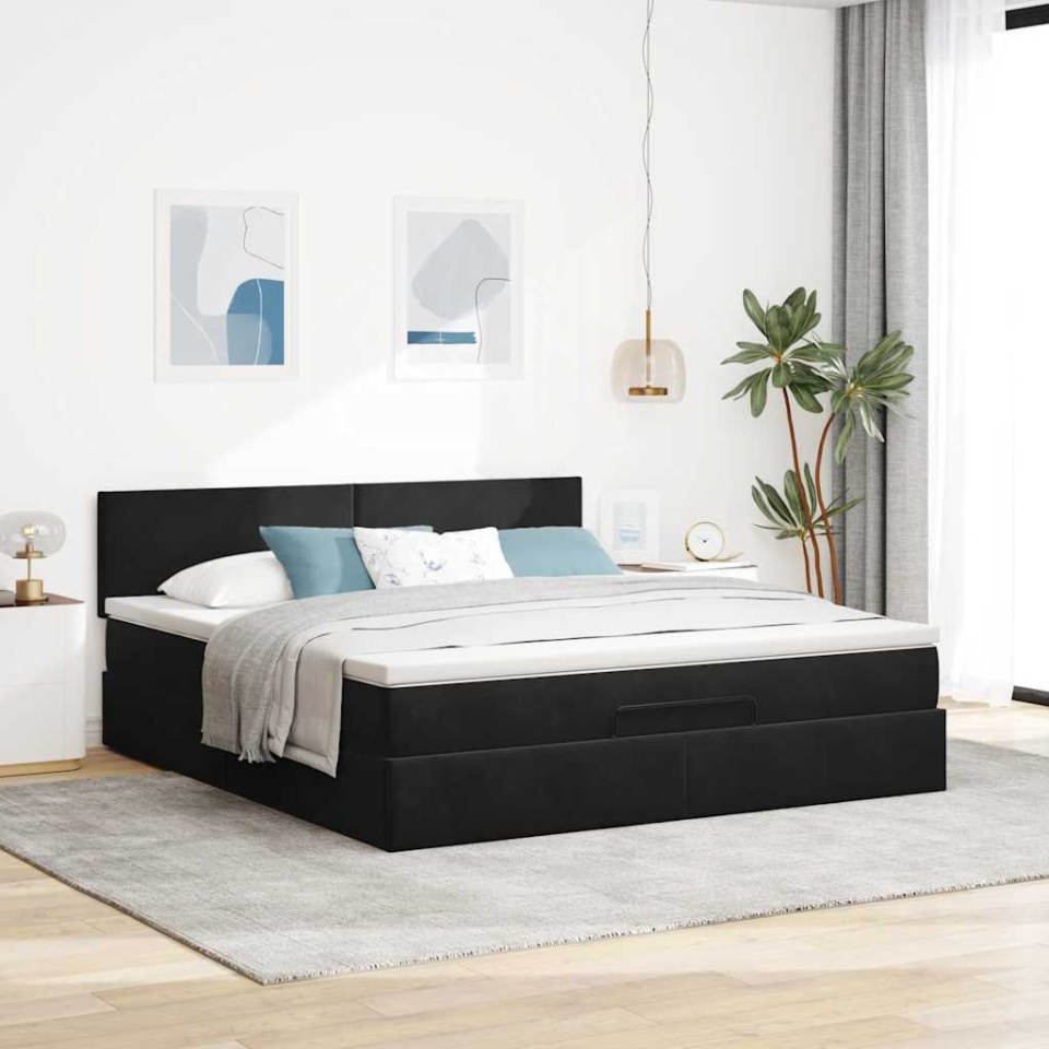 Cadru de pat otoman cu saltea, catifea neagră 180x200cm - 2 | YEO