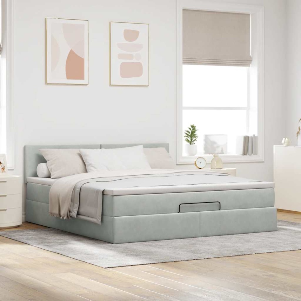 Cadru de pat otoman cu saltea Gri deschis 160x200cm catifea - 3 | YEO