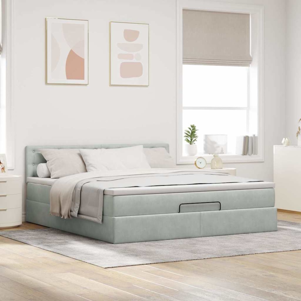 Cadru de pat otoman cu saltea Gri deschis 180x200cm catifea - 2 | YEO
