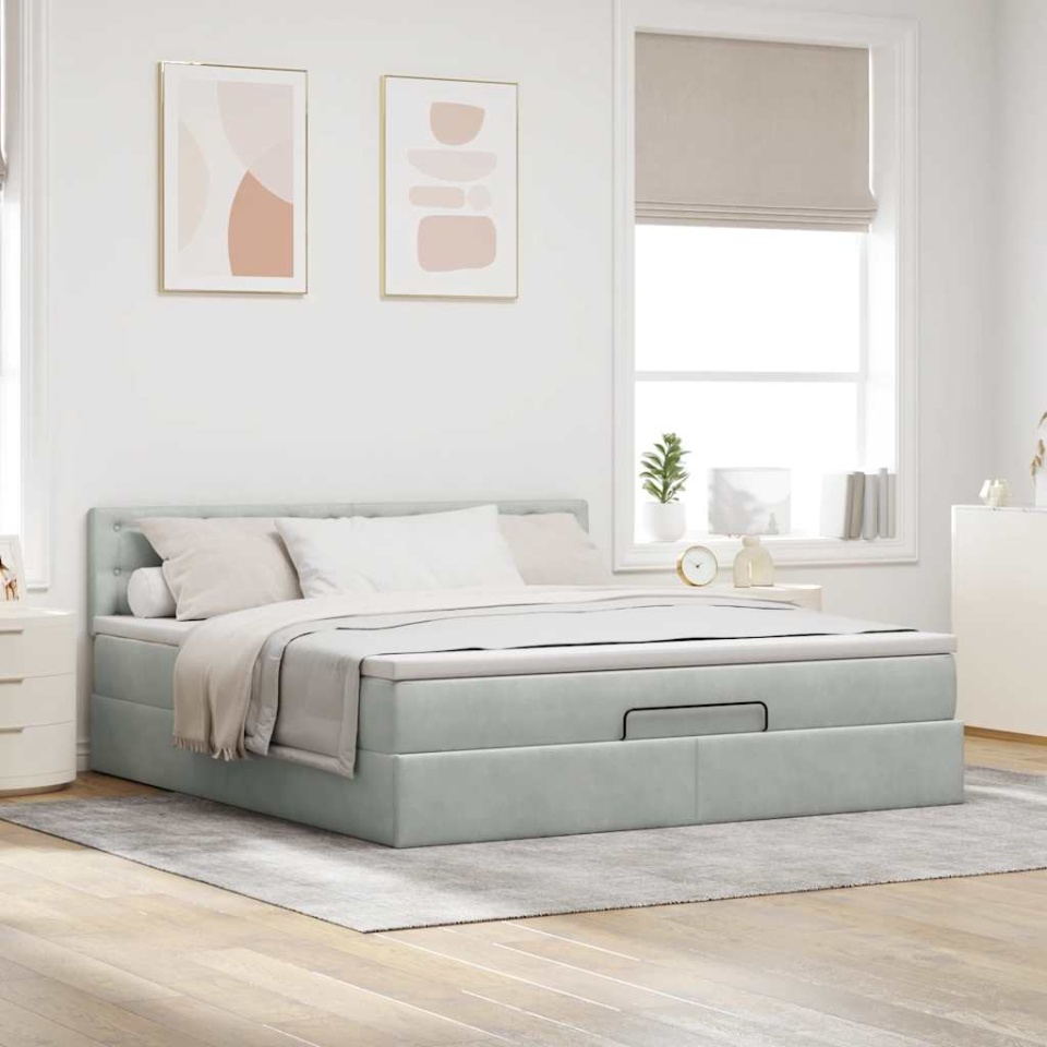 Cadru de pat otoman cu saltea Gri deschis 180x200cm catifea - 3 | YEO