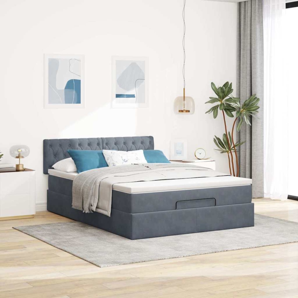 Cadru de pat otoman cu saltea Gri închis 140x200cm catifea - 3 | YEO