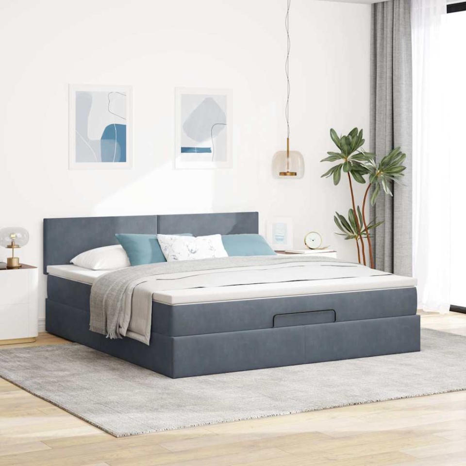 Cadru de pat otoman cu saltea Gri închis 180x200cm catifea - 2 | YEO