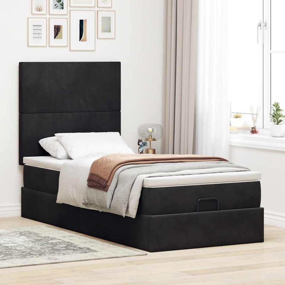 Cadru de pat otoman cu saltele, catifea neagră 100x200cm - 3 | YEO