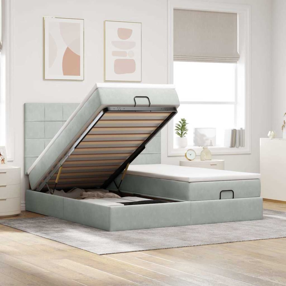 Cadru de pat otoman cu saltele Gri deschis 180x200cm catifea