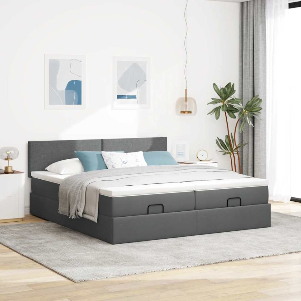 Cadru de pat otoman cu saltele Gri închis 180x200cm țesătură - 2 | YEO