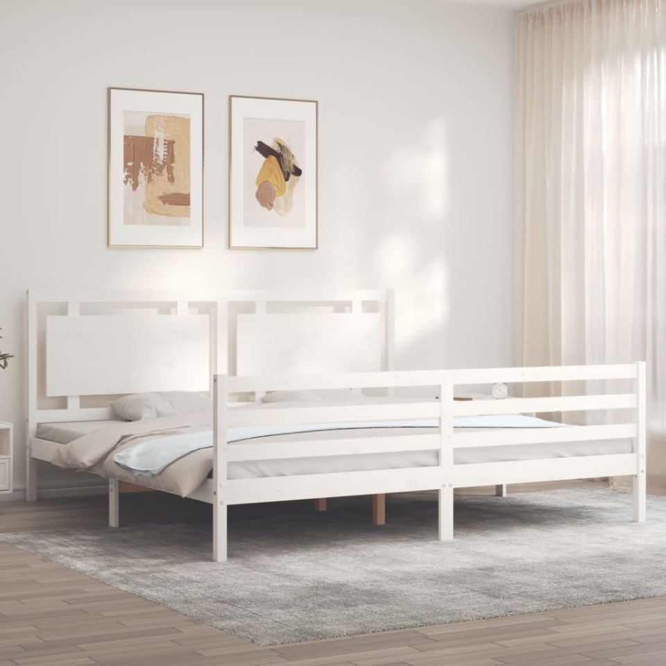 Cadru pat cu tăblie 200x200 cm, alb, lemn masiv - 3 | YEO
