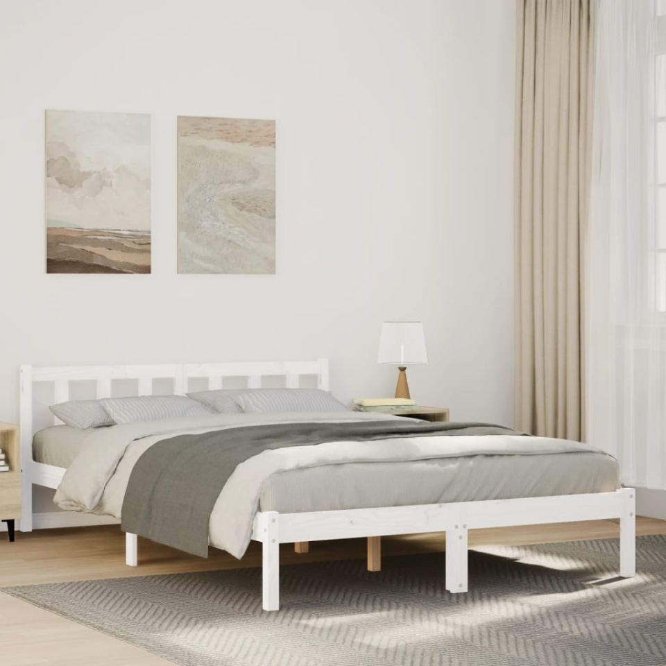 Cadru pat foarte lung fără saltea alb 140x220 cm lemn masiv pin