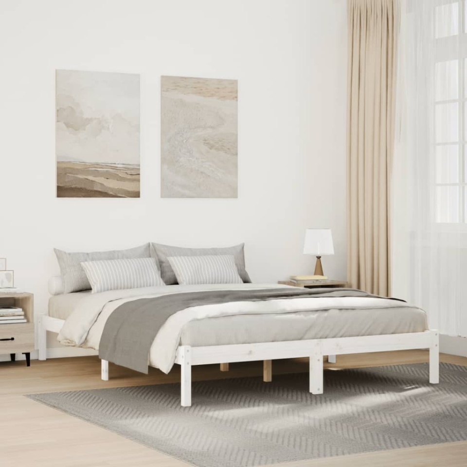 Cadru pat foarte lung fără saltea alb 140x220 cm lemn masiv pin