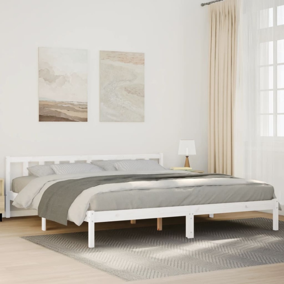 Cadru pat foarte lung fără saltea alb 180x220 cm lemn masiv pin