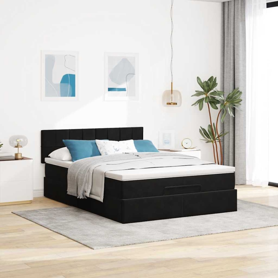 Cadru pat otoman cu saltea, catifea neagră 140x200cm - 3 | YEO
