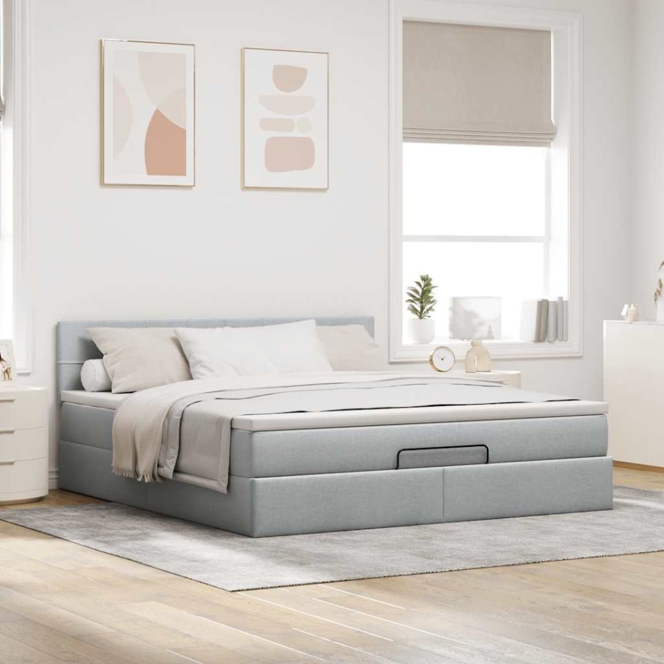 Cadru pat otoman cu saltea țesătură gri deschis 180x200cm - 2 | YEO