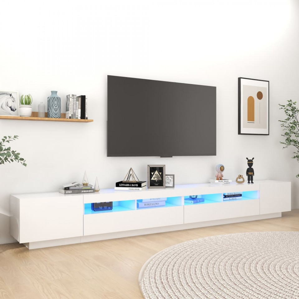 Comodă TV cu lumini LED, alb, 300x35x40cm