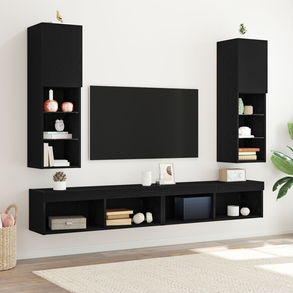 Dulap TV LED 2 buc Negru Stejar 30,5x30x102 cm Lemn prelucrat