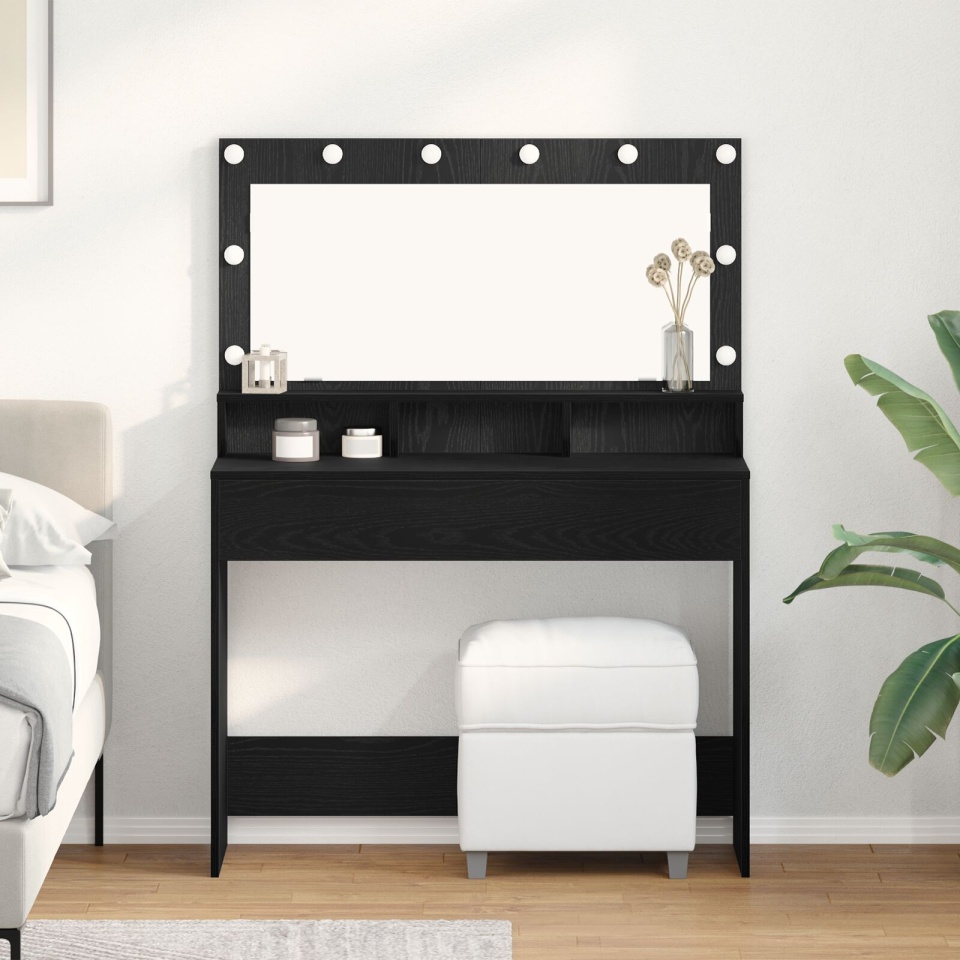 Masă de toaletă cu lumini LED, Negru Stejar, 100x41x135 cm