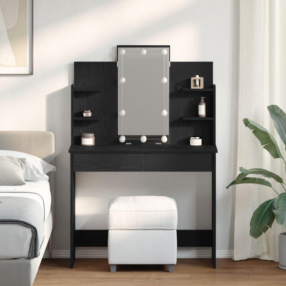 masa de toaletă cu lumini LED Negru Stejar 96x40x142 cm