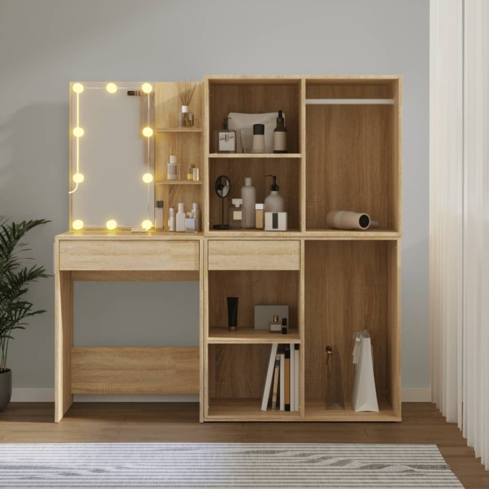 Masă toaletă cu LED/2 dulapuri, stejar sonoma, lemn prelucrat - 3 | YEO