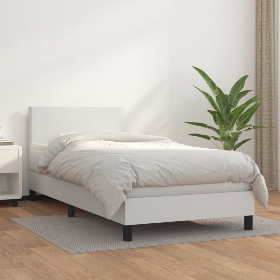 Pat box spring cu saltea, alb, 90x200 cm, piele ecologică